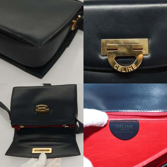 CELINE Shoulder Bag Leather Navy Gold - Picture 11 of 13